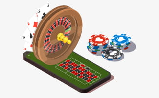 A roulette wheel, a trophy and casino chips